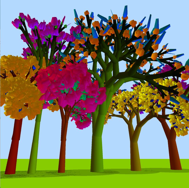 Procedurally generated 3D fractal trees.