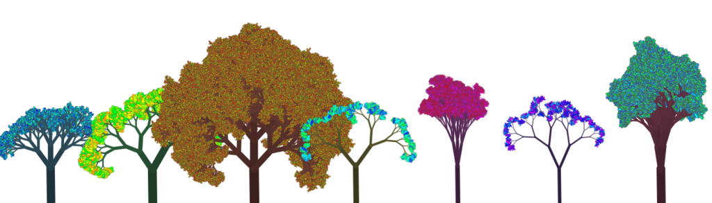 A variety of fractal, procedurally generated trees.